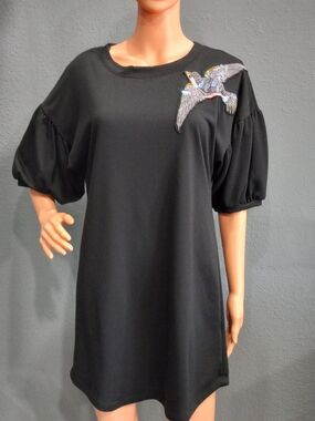KIKI Black Puff Sleeve Tunic Dress with Embellished Bird